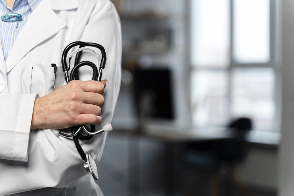 front view female doctor holding stethoscope with copy space